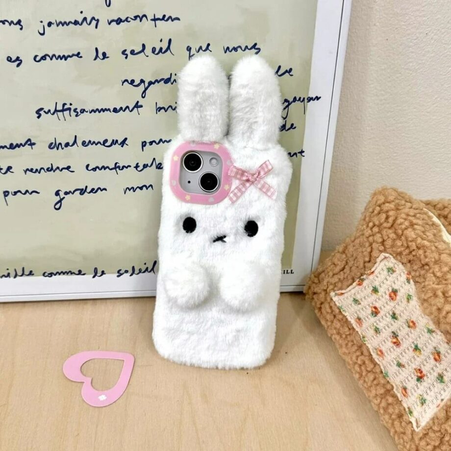 White Fluffy Bow Bunny Furry Plush Case