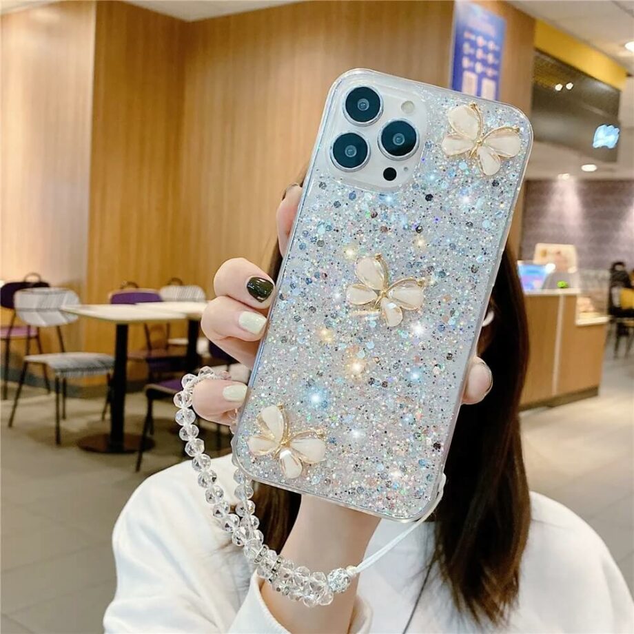 White Sparkling Glitter Butterfly iPhone Case with Charm