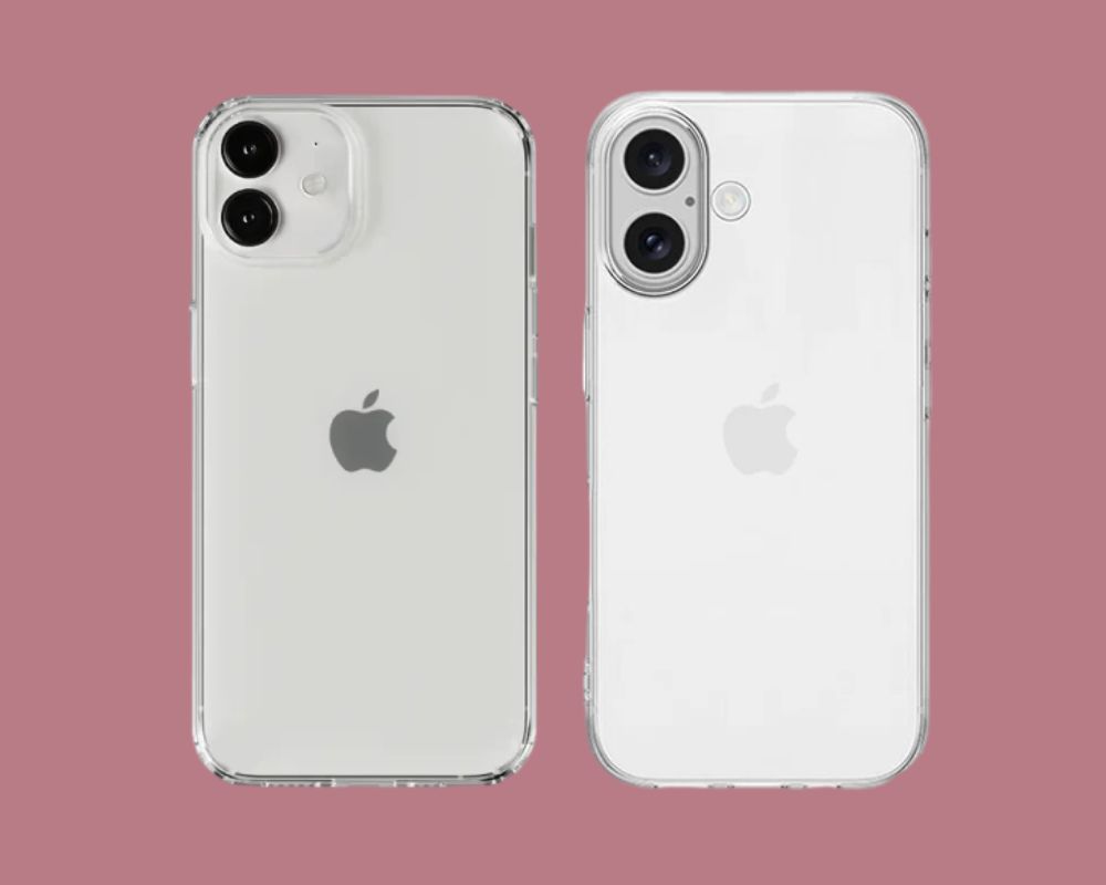 Back view of clear iPhone cases on iPhone 12 and iPhone 16, highlighting differences in camera bump design