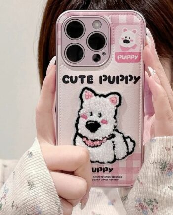 Cute Embroidered Pink Puppy Dog Checkered iPhone Case