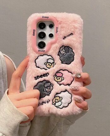 Cute Faux Fur Pink Phone Case with Built-In Camera Kickstand