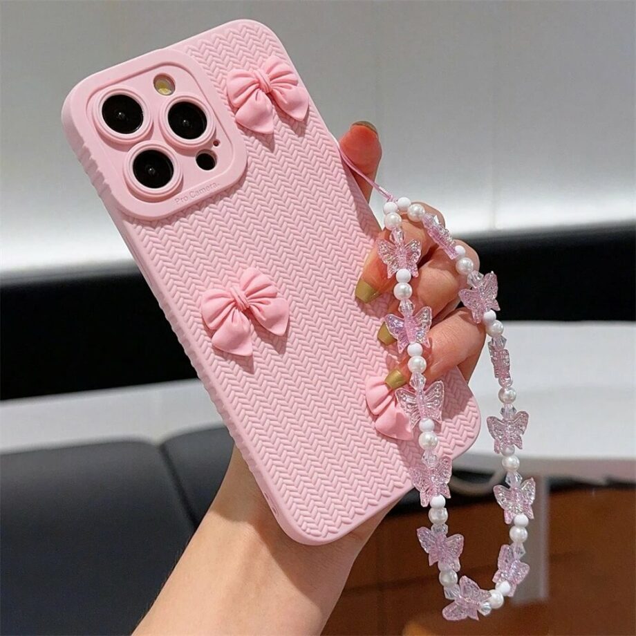 Cute Pink Bow Phone Case with Beaded Butterfly Phone Charm