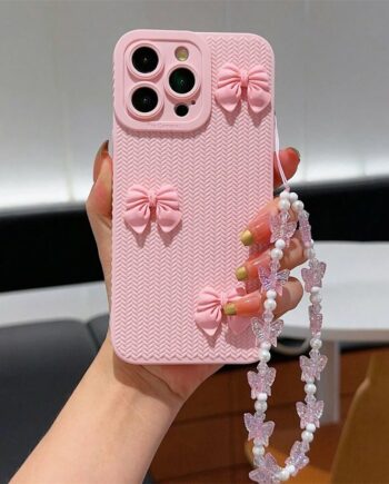 Cute Pink Bow iPhone Case with Beaded Butterfly Phone Charm