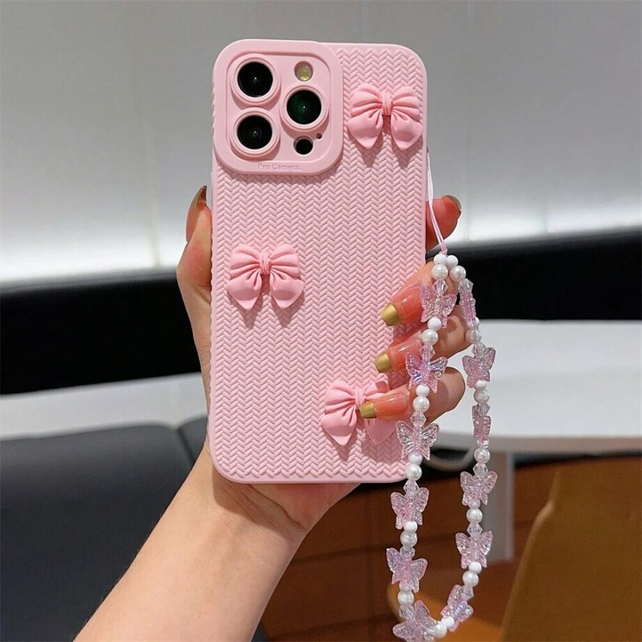 Cute Pink Bow iPhone Case with Beaded Butterfly Phone Charm