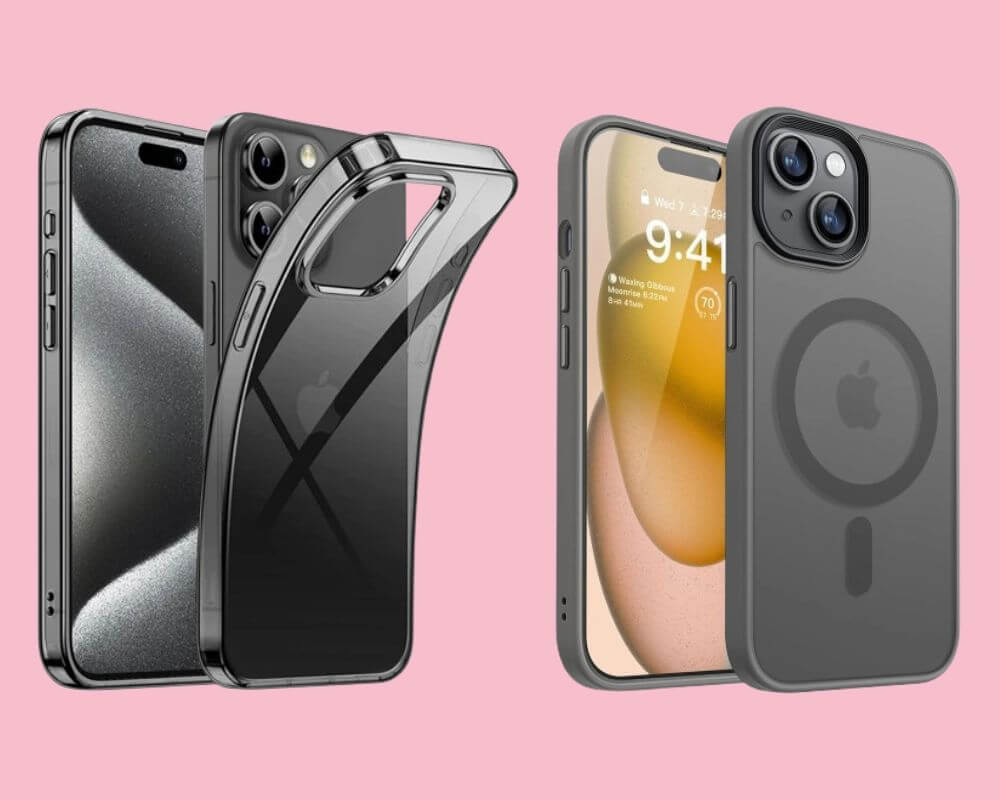 Two phone cases displayed side by side: a flexible transparent case and a matte MagSafe-compatible hard case