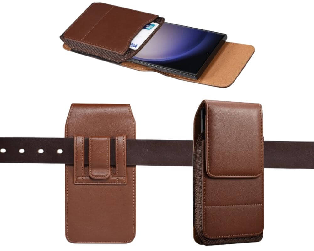 A premium brown leather pouch with a belt clip and magnetic closure, ideal for protecting your phone and keeping it accessible