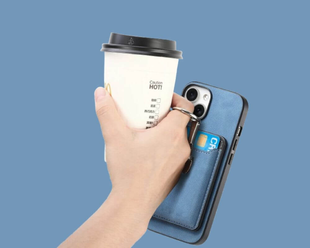 A blue phone case with a built-in card holder and a ring stand, ideal for multi-tasking on the go