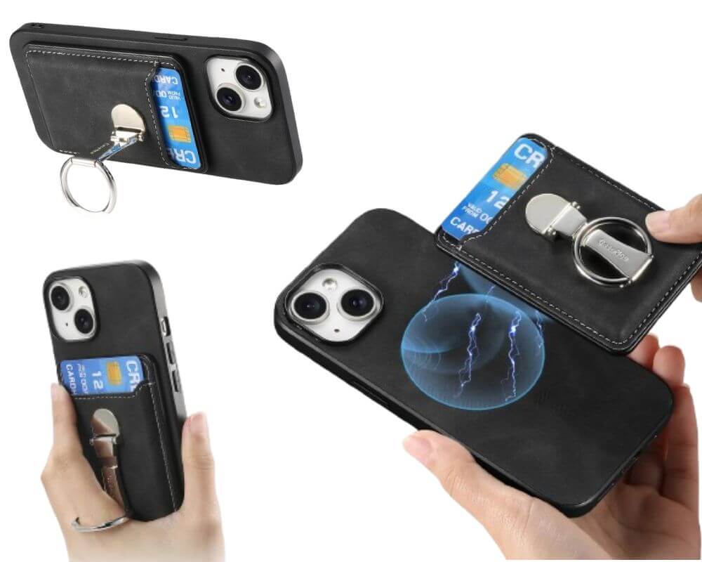 A black magnetic phone case featuring a detachable wallet, card holder, and a multi-functional ring stand