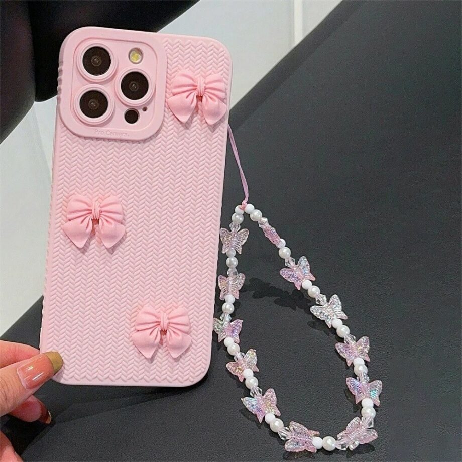 Pink Bow iPhone Case with Beaded Butterfly Phone Charm