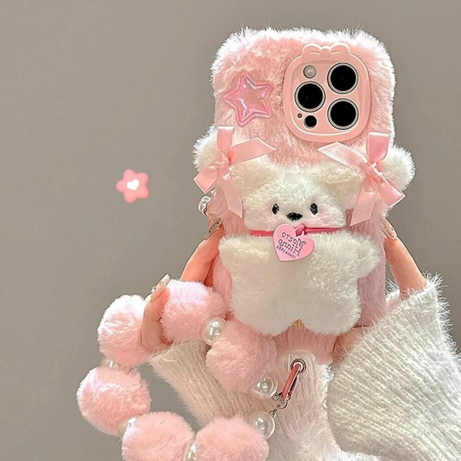 Cute Fluffy Pink Bear Phone Case with Pom-Pom Bracelet