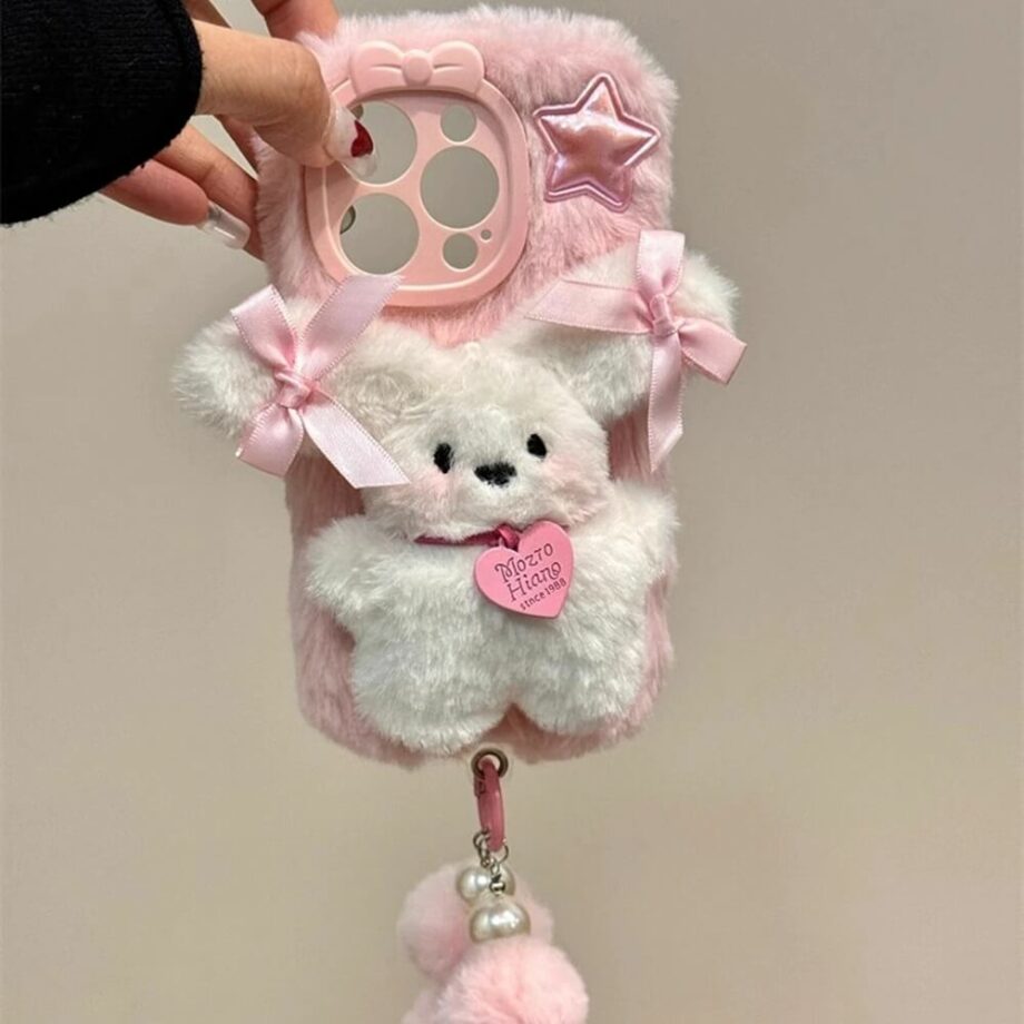 Cute Fluffy Pink Bear Pom-Pom Bracelet iPhone Case