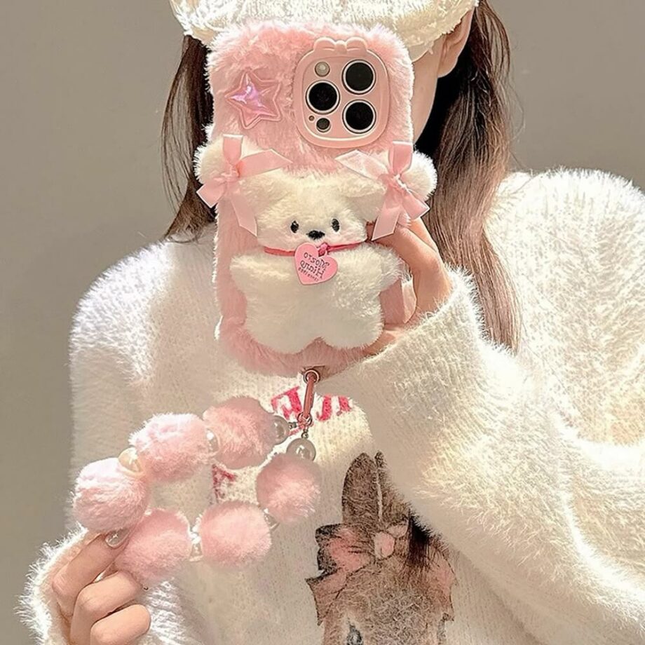 Cute Fluffy Pink Bear iPhone Case with Pom Pom Bracelet