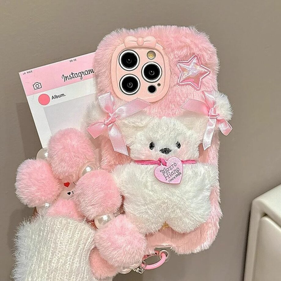 Cute Fluffy Pink Bear iPhone Case with Pom-Pom Bracelet