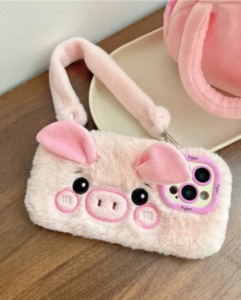 Cute Plush Piggy iPhone Case with Soft Handle Strap