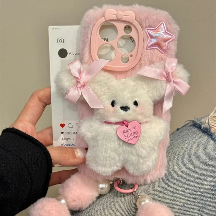 Fluffy Pink Bear iPhone Case with Pom-Pom Bracelet