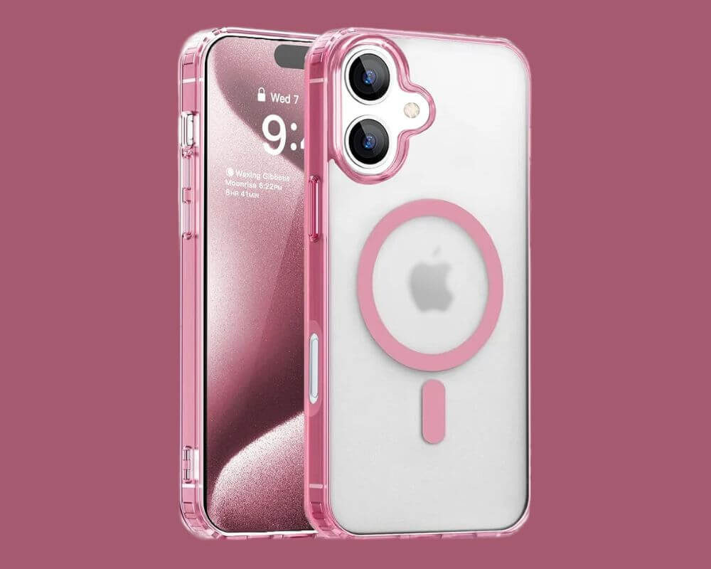 A pink iPhone 16 case with circle and line on back