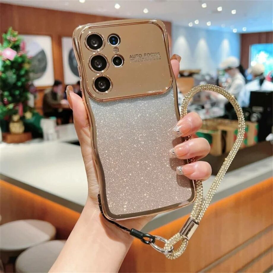 Gold Glitter Gradient Phone Case with Camera Protection & Strap