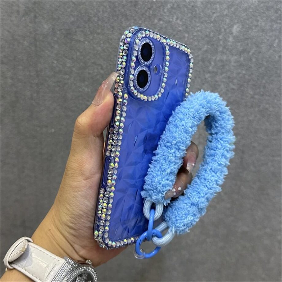 Blue Diamond Rhinestone iPhone Case with Fluffy Wrist Strap