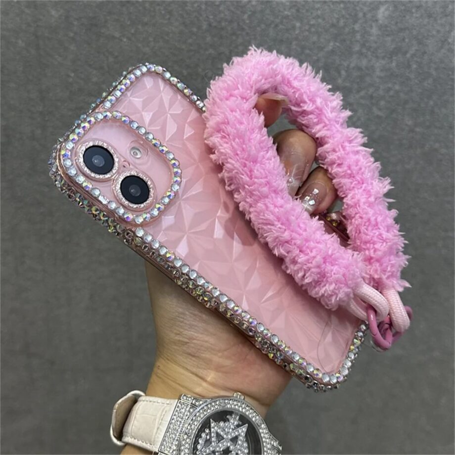 Geometric Rhinestone iPhone Case with Fluffy Wrist Strap