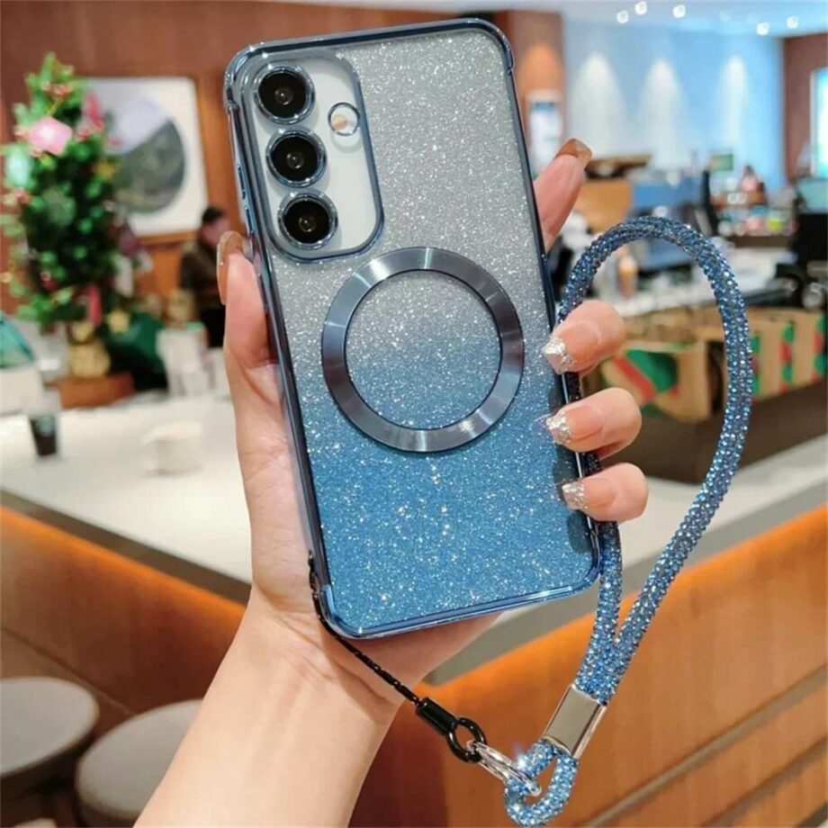 Glitter Blue Gradient Magnetic Samsung Case with Strap