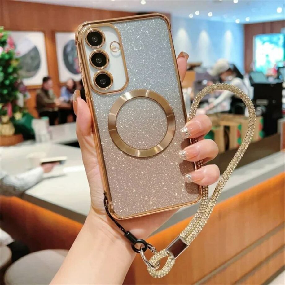 Glitter Gold Gradient Magnetic Phone Case with Rhinestone Strap