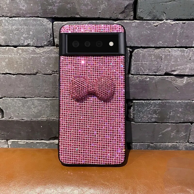 Glitter Pink Bow Bling Crystal Rhinestone Pixel Phone Case