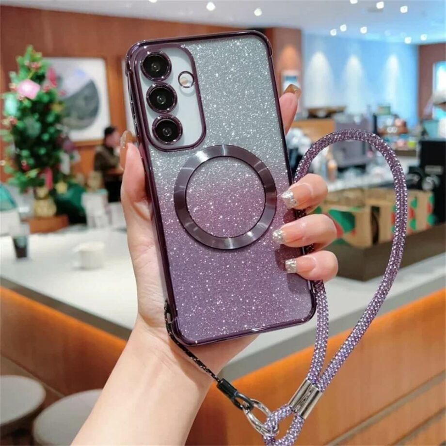 Purple Glitter Gradient Magnetic Samsung Case with Rhinestone Strap