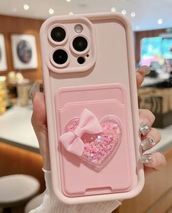 Silicone Wallet Card Holder Heart Bow Glitter iPhone Case