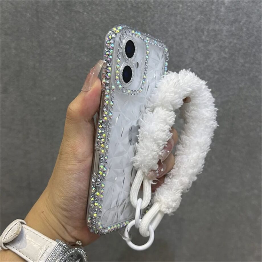 White Geometric Diamond Rhinestone iPhone Case with Fluffy Strap