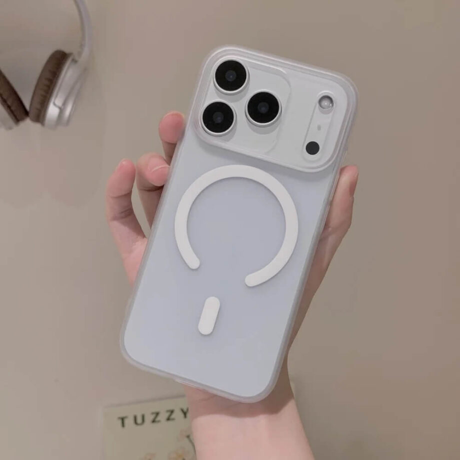 White Magnetic Matte Clear iPhone Case with Lens Guard and Color Ring MagSafe