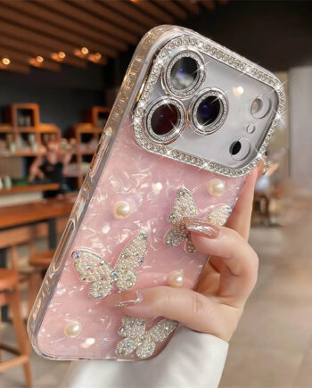 Butterfly Pearl Laser Glitter Case with Rhinestones for iPhone 17 Series