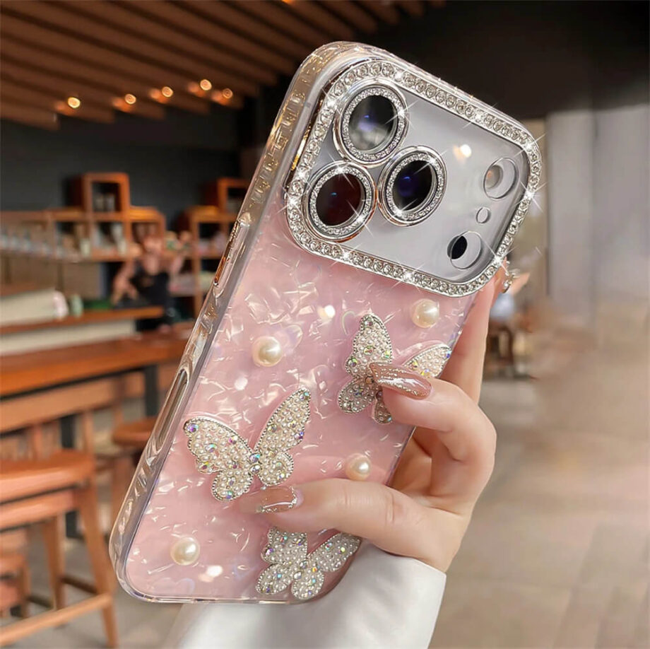 Butterfly Pearl Laser Glitter Case with Rhinestones for iPhone 17 Series