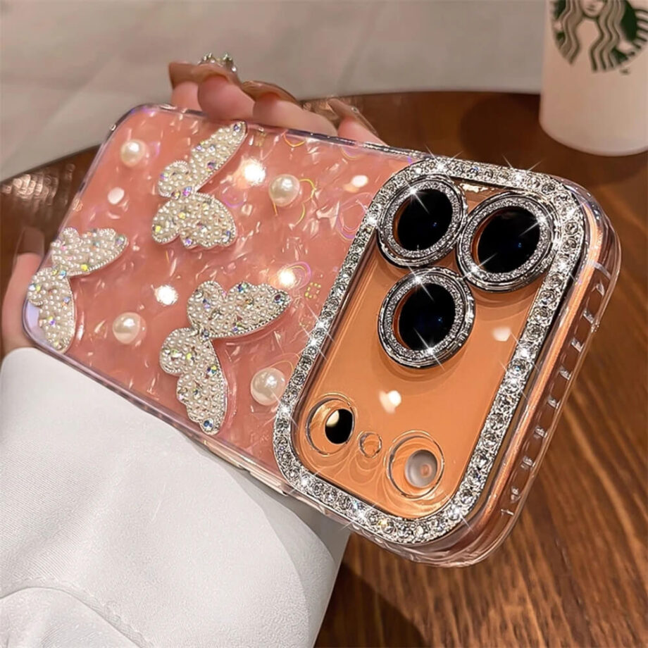 Butterfly Pearl Laser Glitter iPhone Case with Rhinestones