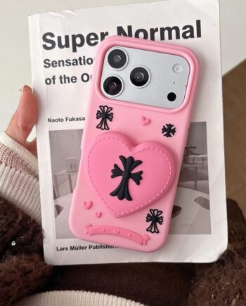 Pink Cross 3D Silicone Phone Case with Built-In Heart Holder