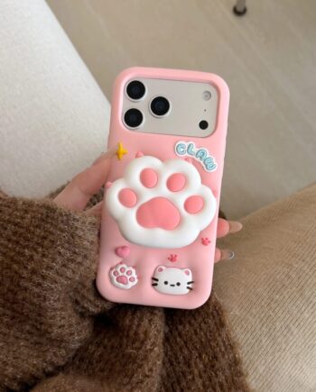 Soft Pink Silicone iPhone Case with 3D Cat Paw Grip