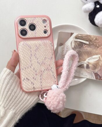 Pink Snake Skin Phone Case with Plush Strap and Pom Pom Charm