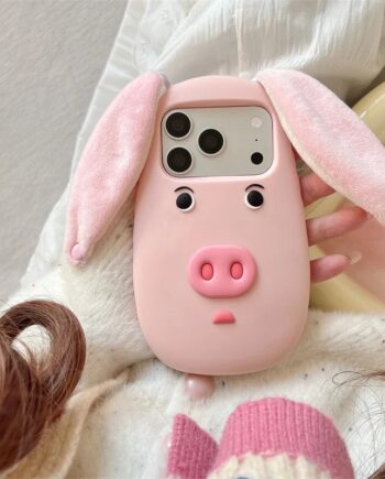 3D Pig Face Pink Silicone iPhone Case with Long Plush Ears