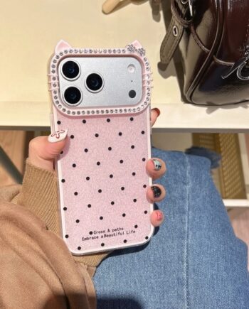Pink Rhinestone Cat Ear Glitter Polka Dot Case