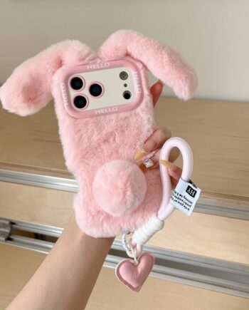 Plush Bunny Ears iPhone Case with Wrist Strap and Hanging Charm