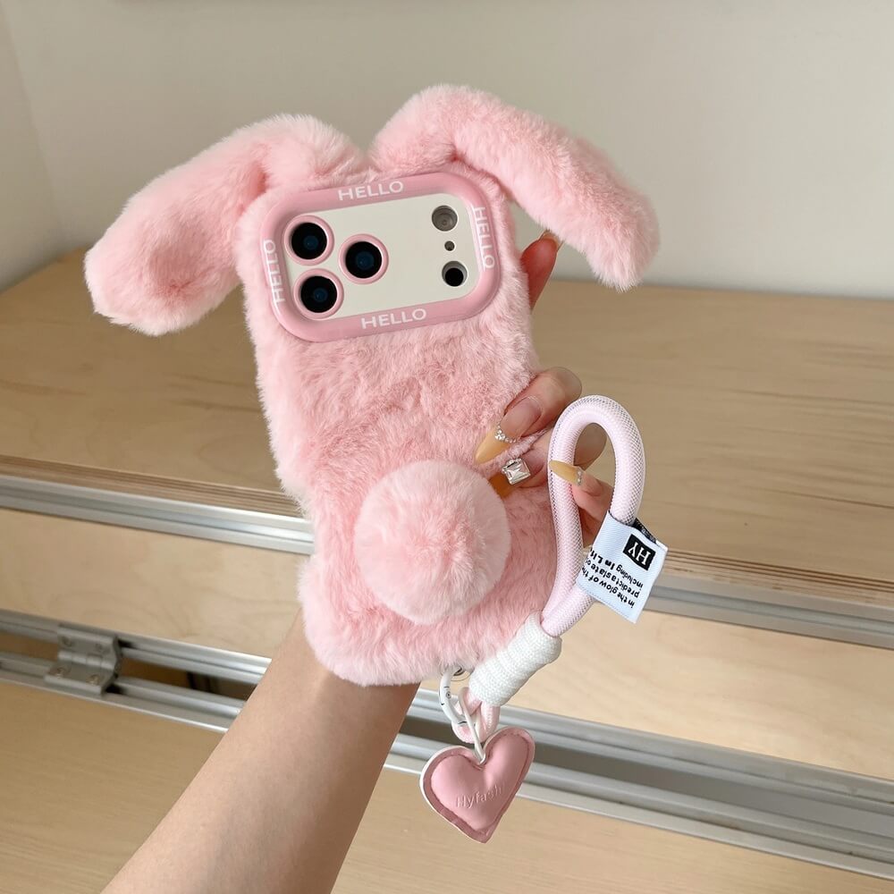 Plush Bunny Ears iPhone Case with Wrist Strap and Hanging Charm Plush Bunny Ears iPhone Case with Wrist Strap and Hanging Charm