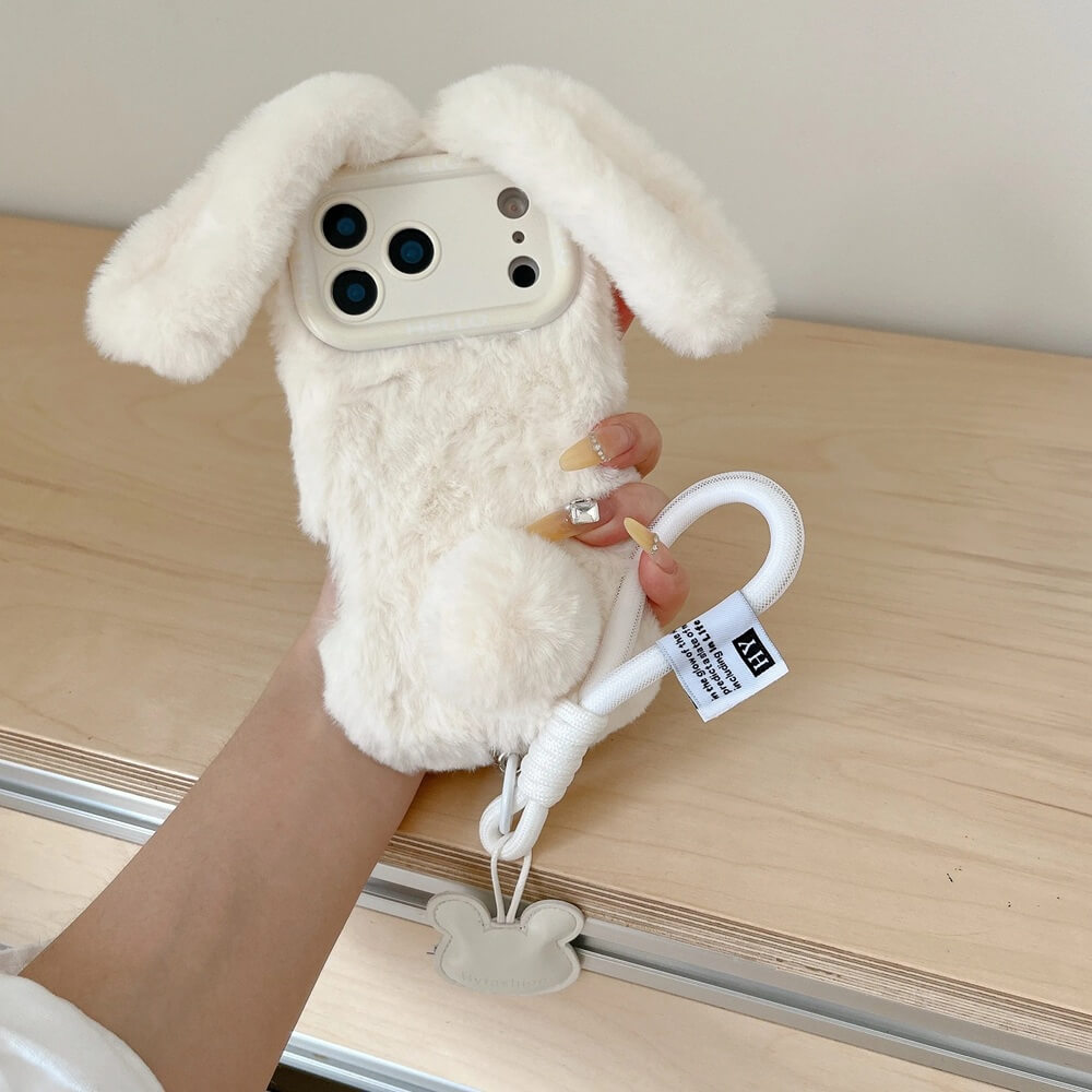White Plush Bunny Ears iPhone Case with Wrist Strap and Hanging Charm White Plush Bunny Ears iPhone Case with Wrist Strap and Hanging Charm