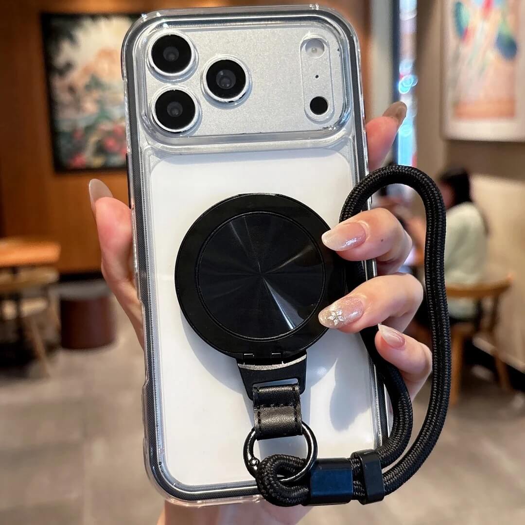 Black Clear iPhone Case with Magnetic Rotating Stand and Wrist Strap Black Clear iPhone Case with Magnetic Rotating Stand and Wrist Strap