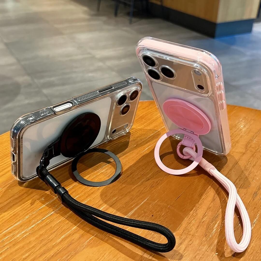 Clear iPhone Case with Magnetic Rotating Stand and Strap Clear iPhone Case with Magnetic Rotating Stand and Strap
