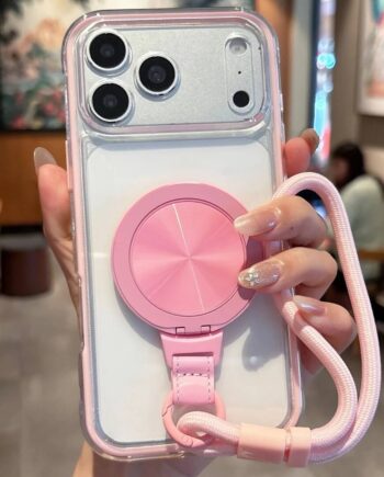 Clear iPhone Case with Magnetic Rotating Stand and Wrist Strap