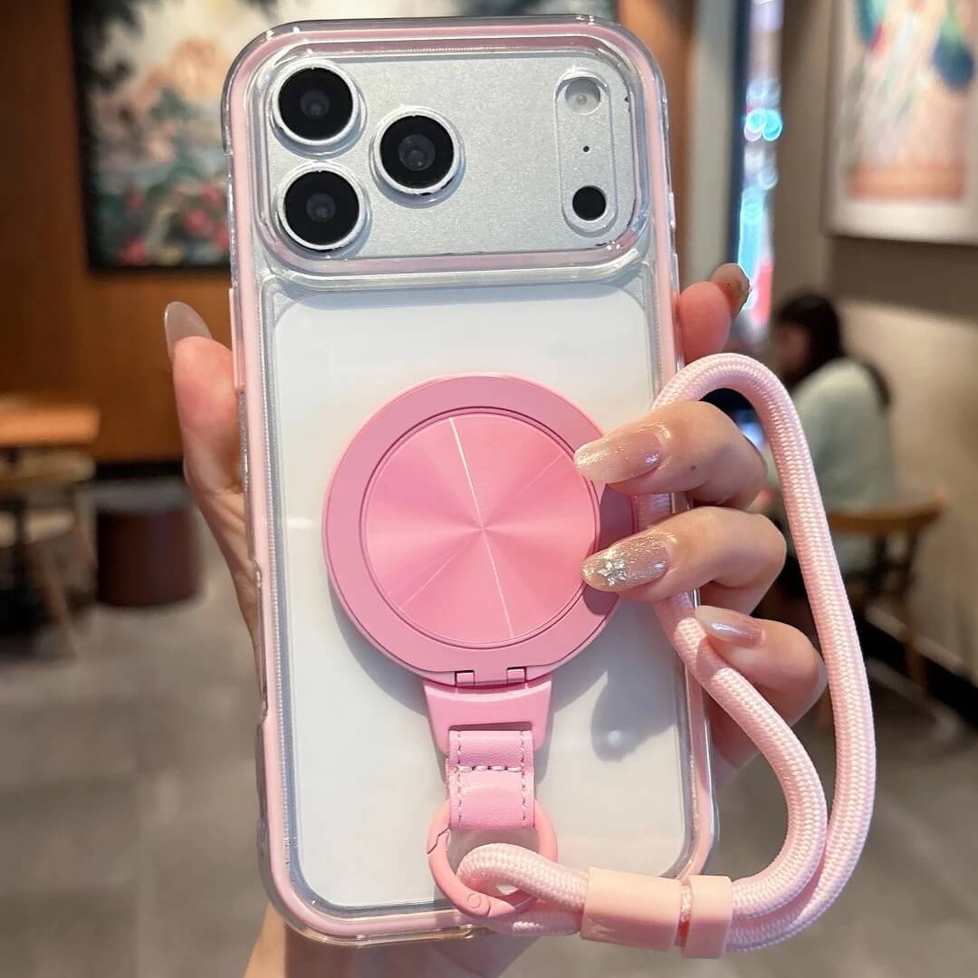 Clear iPhone Case with Magnetic Rotating Stand and Wrist Strap Clear iPhone Case with Magnetic Rotating Stand and Wrist Strap