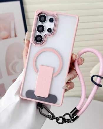 Pink Magnetic Kickstand Case with Bumper Frame and Wrist Strap