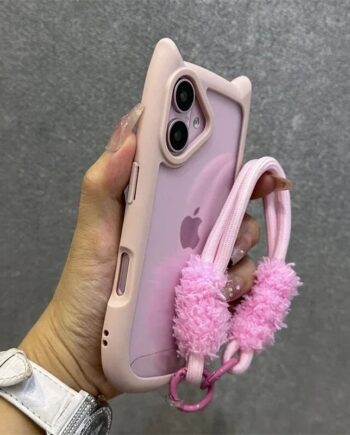 Cat Ear Wrist Strap iPhone Case with Plush Pom Pom Charm in pink