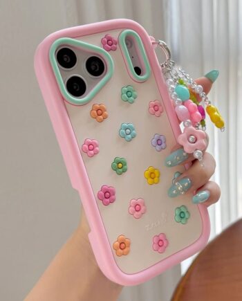 Pink iPhone case with colorful 3D flowers and a pink silicone bumper shown from the back.
