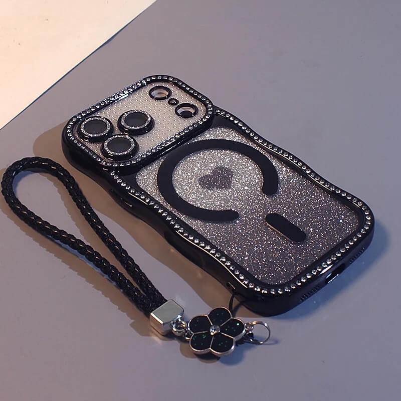 Black Rhinestone Gradient Glitter Case Magnetic Heart Phone Strap Black Rhinestone Gradient Glitter Case Magnetic Heart Phone Strap