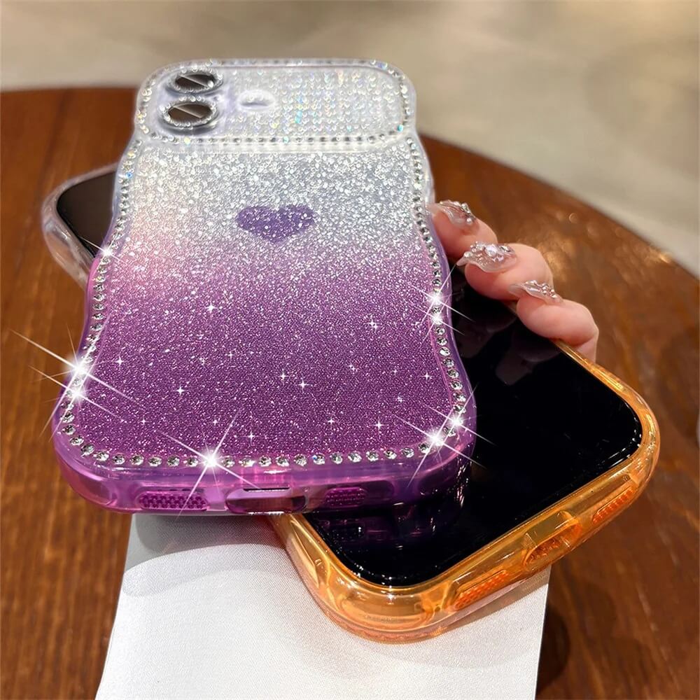 Gradient Glitter Heart Case with Wavy Rhinestone Border Gradient Glitter Heart Case with Wavy Rhinestone Border
